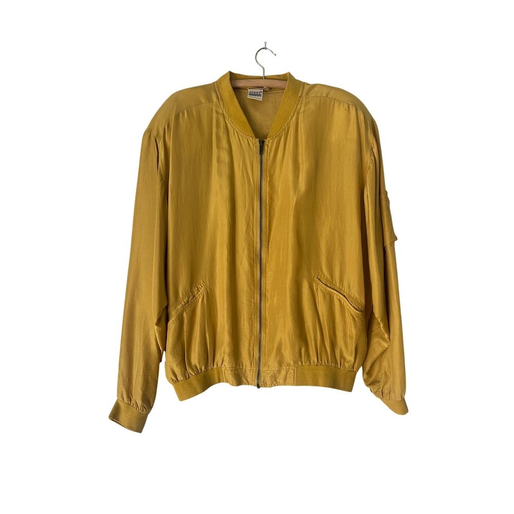 Vintage Avanti 100% Silk Bomber Jacket Mustard Yellow Minimalist Large